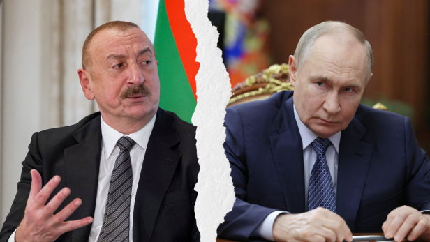 Die Beziehungen zwischen Aserbaidschan und Russland sind zutiefst angespannt. Links sieht man Aserbaidschans Staatschef Ilham Aliyev, rechts der russische Präsident Vladimir Putin. Durch die Mitte geht ein Papierriss.