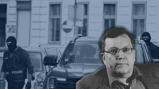 Bei Neonazi Gottfried Küssel hat es am Dienstag eine Hausdurchsuchung gegeben. Im Bild: Beamte im Zuge der Hausdurchsuchung , am Dienstag 9. September 2025 in Wien.