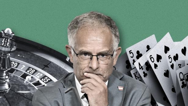 Finanzminister Markus Marterbauer (SPÖ) neben Roulette-Tisch und Spielkarten, nachdenklicher Gesichtsausdruck.
