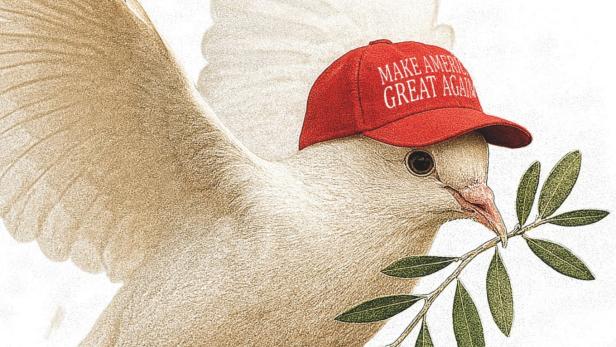 Eine Friedenstaube mit einem Olivenzweig im Schnabel trägt eine rote Kappe mit der Aufschrift „Make America Great Again“, als Anspielung auf Donald Trumps Nahost-Friedensplan.