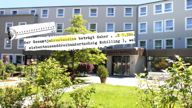 Jufa Hotel Salzburg Außenansicht mit einem Faksimilie des Baurechtsvertrags