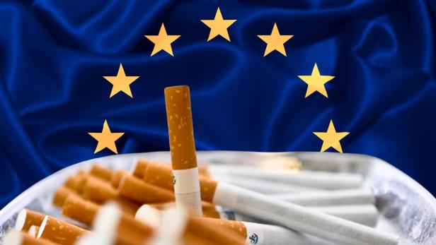 Zigaretten vor der Flagge der Europäischen Union