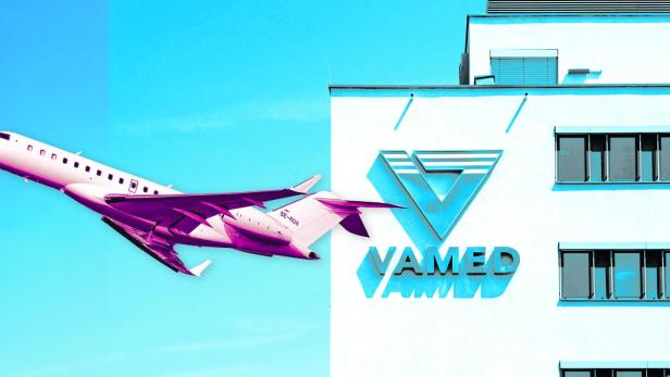 zu sehen ist eine Collage des VAMED-Firmenlogos und ein Privatjet
