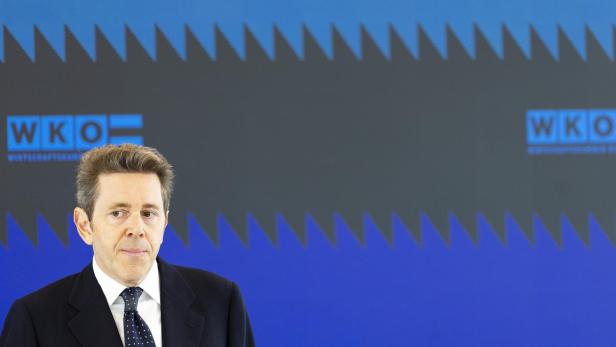 WKO-Chef Harald Mahrer vor einer blauen WKO-Wand