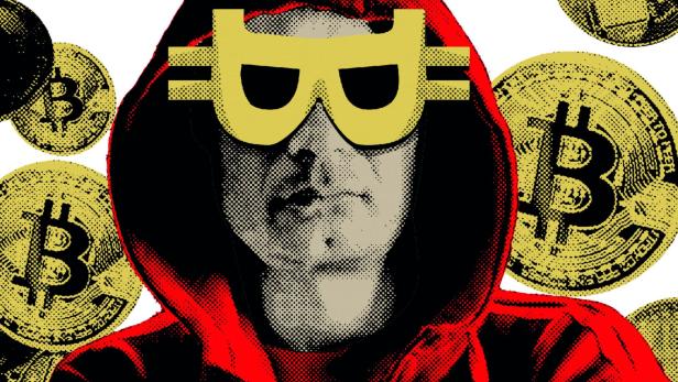 Ein Mann mit Kapuze, seine Augen sind von einer Brille in Form des Bitcoin-Symbols verdeckt.