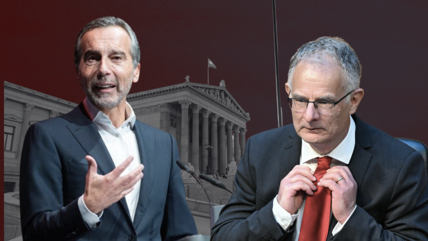 Ex-Kanzler Christian Kern und Finanzminister Markus Marterbauer auf eine digitalen Kollage vor dem Parlament in Wien.