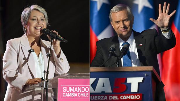 Links eine Frau vor einem Mikro (Jeanette Jara), rechts ein Mann vor einem Redepulst (Jose Kast)