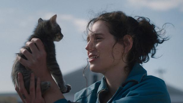 Junge Frau hält Katze hoch und blickt diese fasziniert an.