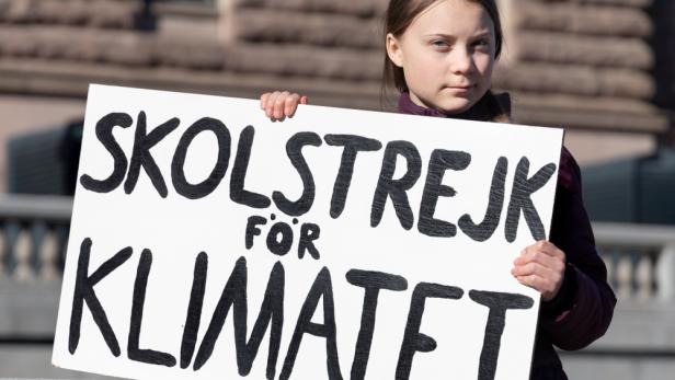 Greta 2018 mit Zöpfen und dem berühmten, selbstgemalten Schild "Schulstreik fürs Klima"