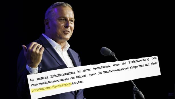 Landeshauptmann Mario Kunasek (FPÖ) am Freitag, 27. Juni 2025, während des Landesparteitags der FPÖ Steiermark in Graz. Über dem Bild liegt ein Faksimile eines Gerichtsurteils. Darin steht, dass die Staatsanwaltschaft eine unvertretbare Rechtsansicht hatte.