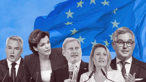 Karl Nehammer, Pamela Rendi-Wagner, Johannes Hahn, Susanne Raab und Magnus Brunner