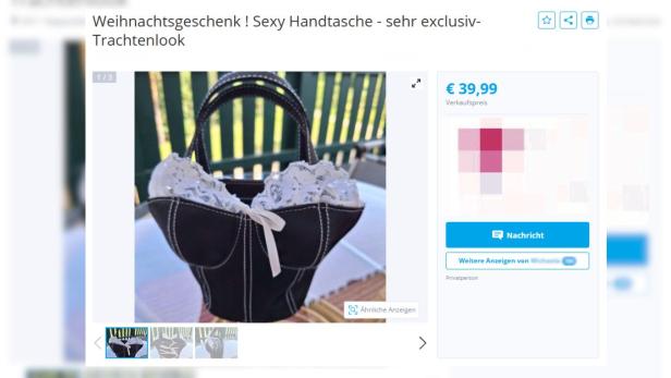 Willhaben Anzeige einer Handtasche in Form eines schwarzen Trachtenkorsetts mit weißen Rüschen. Anzeigetext: Weihnachtsgeschenk! Sexy Handtasche - sehr exklusiv - Trachtenlook, Preis 39,99 Euro.