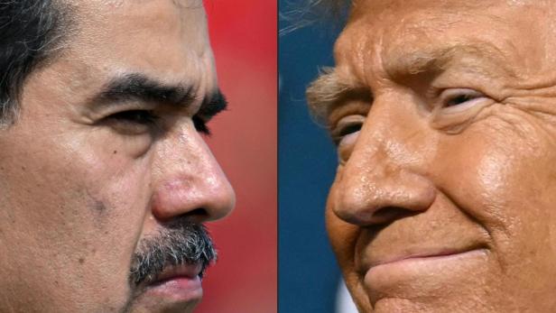 Links Nicolas Maduro, rechts Donald Trump, Trump lächelt, Maduro schaut grimmig
