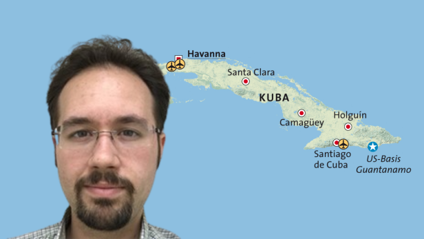 Porträtfoto von Andrés Pertierra, dahinter ein Länderumriss von Kuba