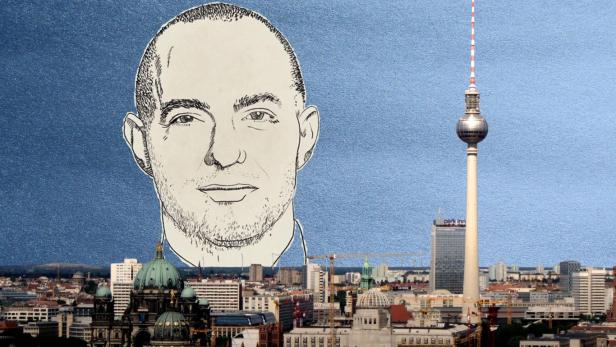 Eine Zeichnung von Jan Marsalek hinter der Beliner Skyline