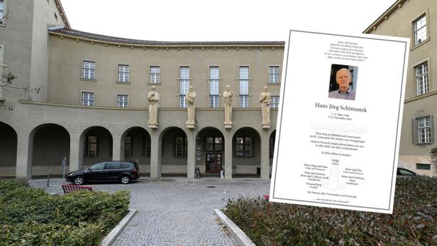 Landesgericht Krems, daneben die Todesanzeige von FPÖ-Politiker Hans Jörg Schimanek