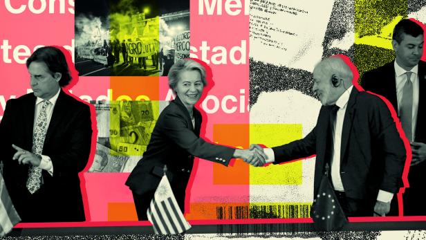 EU-Kommissionspräsidentin Ursula Von der Leyen schüttelt die Hand des brasilianischen Präsidenten Luiz Inácio Lula da Silva. Im Hintergrund sind Fotos der Proteste gegen den Mercosur-Deal und Geldscheine zu sehen. 