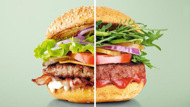 Ein Burger, Hälfte vegan, Hälfte tierisch