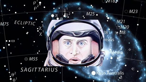 Gezeichnetes Gesicht eines Astronauten mit Helm, im Hintergrund eine Sternenkarte