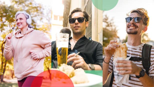 Eine Frau läuft, ein Mann trinkt Bier und raucht, ein Mann isst ein Sandwich