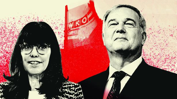Martha Schultz und Walter Ruck stehen sich vor einer rot gefärbten WKO-Fahne gegenüber und symbolisieren den Machtkampf in der Wirtschaftskammer.