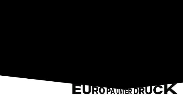 Der Schriftzug Europa unter Druck wird von einem schwarzen Feld nach unten gedrückt 