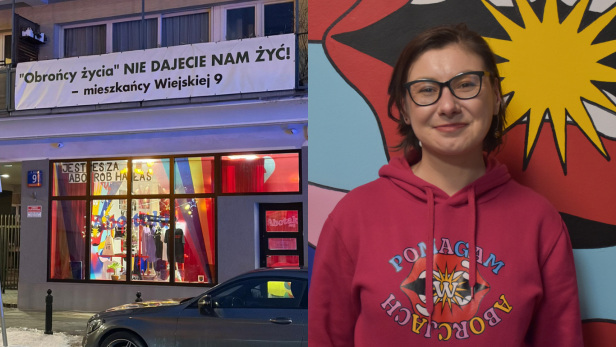 Links sieht man das Abtreibungslokal von außen, rechts ein Foto von der Managerin von "Abotak", Emilia Niemiec