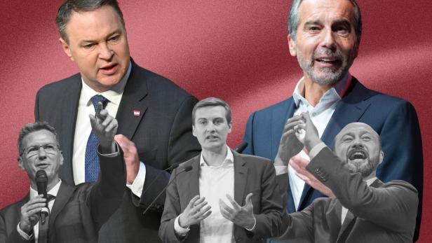 SPÖ-Chef Andreas Babler, Herausforderer Christian Kern und die Landeschefs Daniel Fellner, Sven Hergovich und Max Lercher