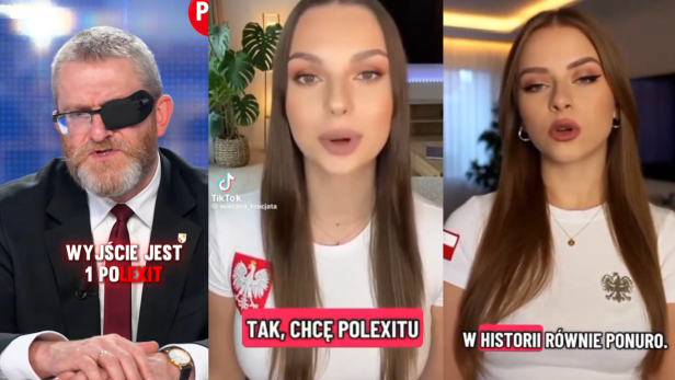 TikTok-Screenshots von Grzegorz Braun (Konfederacja Korony Polskie) und zwei KI-generierten Frauen.