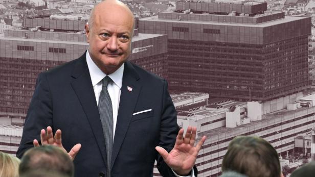 Man sieht Bundeskanzler Christian Stocker über dem AKH