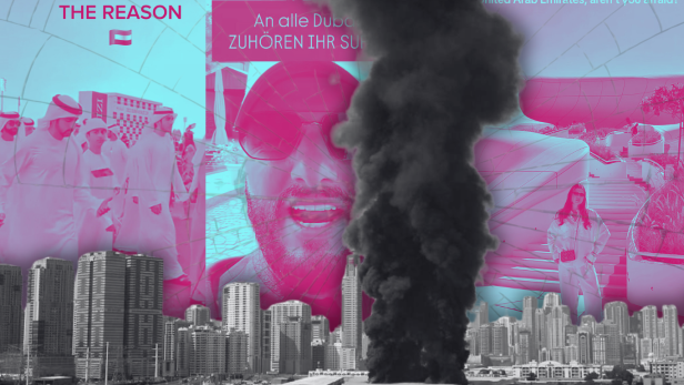Dubai-Influencer im Hintergrund, eine Rauchwolke auf der Stadt im Vordergrund