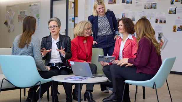 Sechs Frauen sitzen und stehen in einem Raum mit Informationsplakaten an der Wand, sie unterhalten sich in einer lockeren Runde um einen runden Tisch mit Laptop und Broschüren.