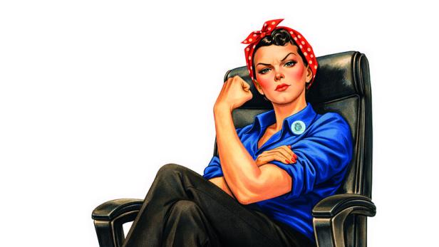Illustration einer Frau in feministischer Kampfpose auf Chefinnen-Sessel