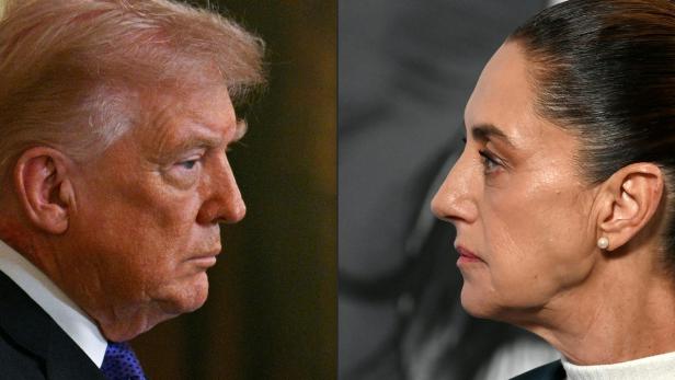 Fotocollage zweier Bilder, wo sich US-Präsident Donald Trump und Mexikos Präsidentin Claudia Sheinbaum sich anschauen.