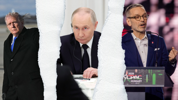 Fotocollage: US-Präsident Donald Trump, Russlands Präsident Wladimir Putin und FPÖ-Chef Herbert Kickl, sie werden von zerrissenem Papierstreifen getrennt.
