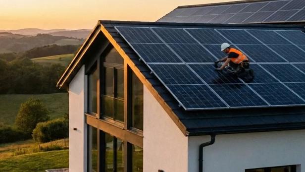 Eine Person mit Schutzkleidung reinigt Solarpaneele auf dem Dach eines modernen Hauses bei Sonnenuntergang.