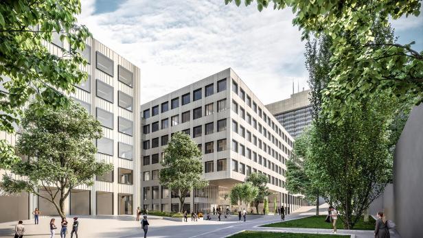 Moderner mehrstöckiger Gebäudekomplex mit rechteckigen Fenstern umgeben von Bäumen und Menschen auf einem breiten Gehweg