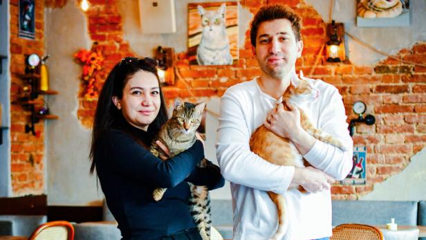 Zwei Personen stehen in einem Café mit Backsteinwand und halten jeweils eine Katze im Arm.