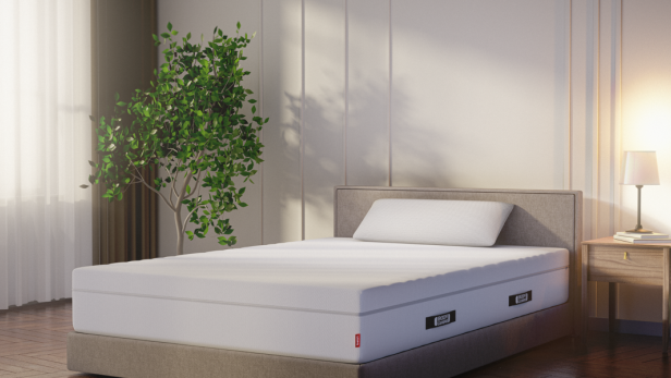 Schlafzimmer mit einem großen Bett mit weißer Matratze, einem Nachttisch mit Lampe und einem großen grünen Zimmerpflanze neben dem Fenster