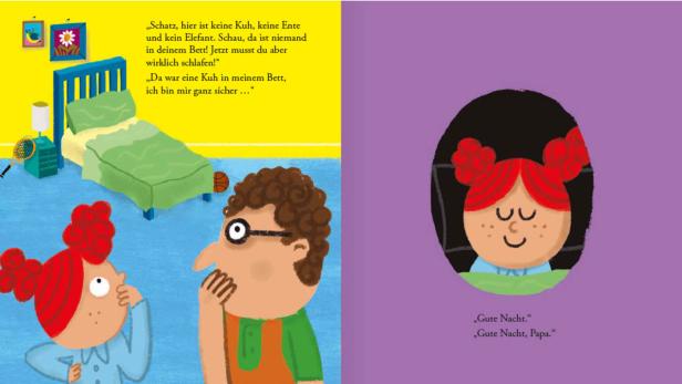 Doppelseite aus dem Kinderbuch "Eine Kuh in meinem Bett"