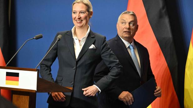 Alice Weidel und Viktor Orban auf einer Bühne mit Deutschland-Flagge