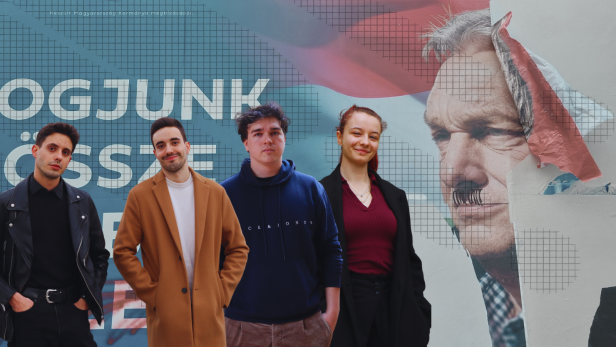 Fotocollage: Vier junge Ungarn stehen vor einem zerrissenen Wahlplakat von Viktor Orbán.