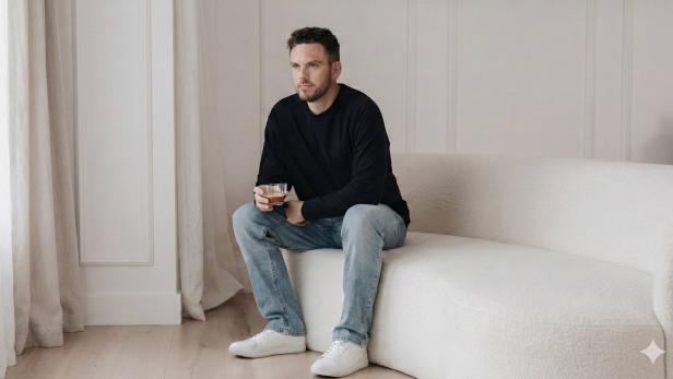Ein Mann sitzt auf einer Couch mit einer Tasse Kaffee in der Hand.