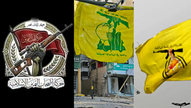 Bild zeigt drei Logos von schiitischen Gruppen (HAYI, Hisbollah, Kataib Hisbollah). Auf allen Logos streckt eine Hand ein Gewehr in die Luft.
