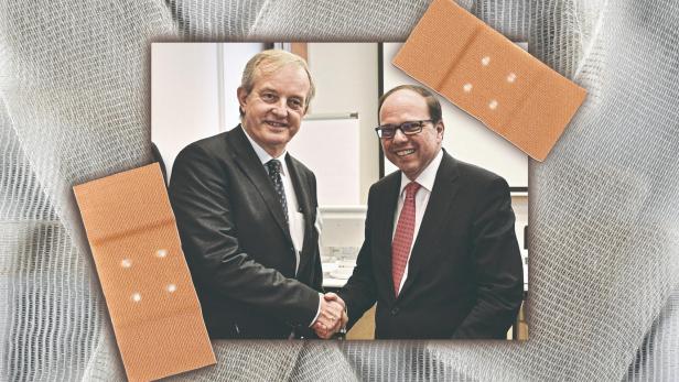 Die langjährigen Ärztekammer-Funktionäre Johannes Steinhart und Thomas Szekeres beim Handshake