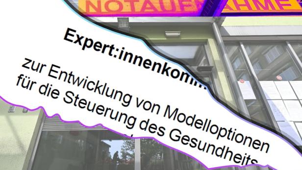 Ausschnitt eines Notaufnahmeeingangs mit überlagerndem Text zu Gesundheitsreform-Expertise.
