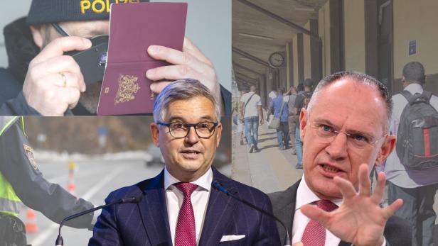 Magnus Brunner und Gerhard Karner vor Polizisten und Asylwerbern