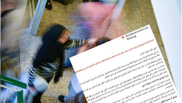 Brief, Arabisch, über Mädchen in Schule mit Kopftuch gelegt