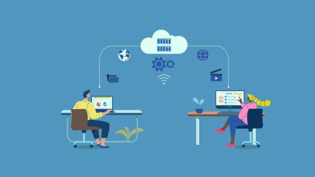 Illustration von einem mann und einer Frau jeweils hinter einem Schreibtisch, eine Zeichnung von cloud systemen connected die beiden