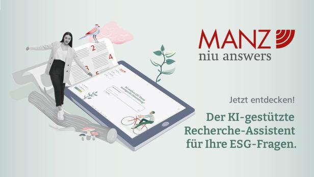 Frau steht neben großem Tablet mit Dokumenten und Pflanzenillustrationen, daneben Text 'MANZ niu answers Jetzt entdecken Der KI-gestützte Recherche-Assistent für Ihre ESG-Fragen'
